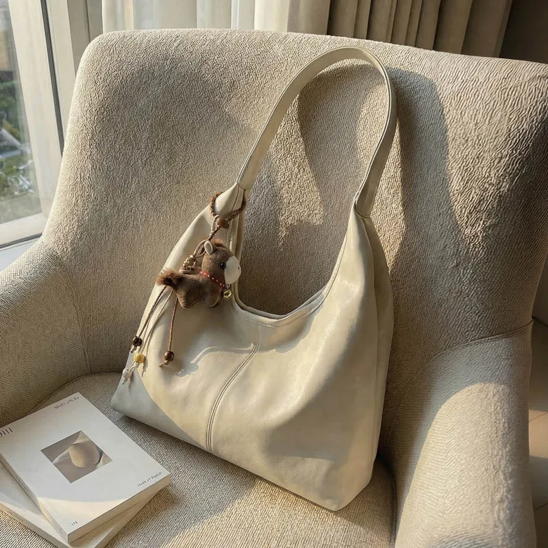 

Однотонная ретро-сумка через плечо из искусственной кожи большой вместимости для женщин, весна 2026, простой дизайн, сумка-хобо для повседневных поездок