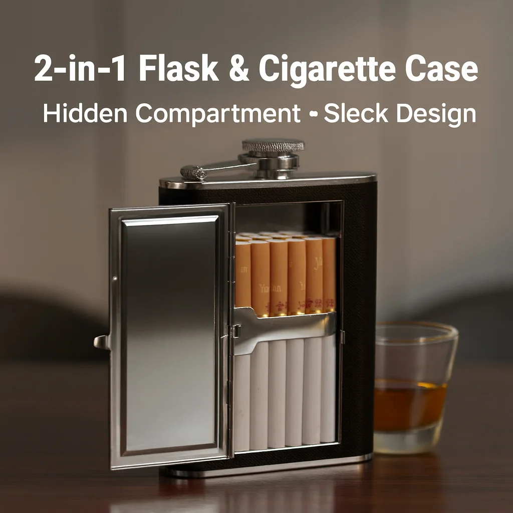 

Премиум-фляжка 2-в-1 емкостью 6 унций и портсигар | Карманная бутылка для виски из нержавеющей стали | Подарочный набор для путешествий Discreet