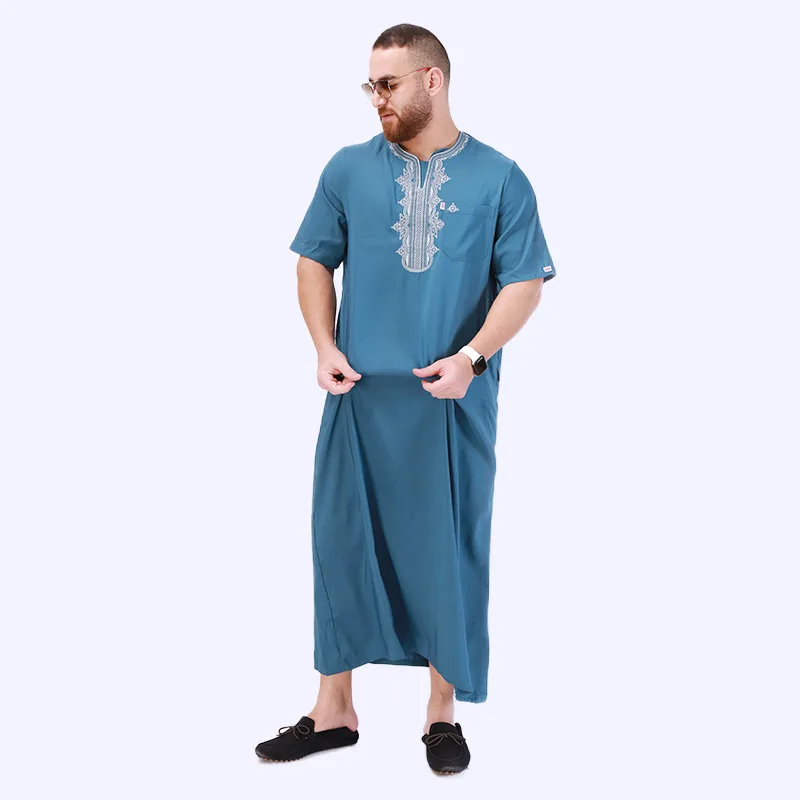 Islamic Clothing Jubba Thobe Muslim Robe Men Round Neck Embroidery Caftan Ramadan National Dress of Middle East Arab Traditional