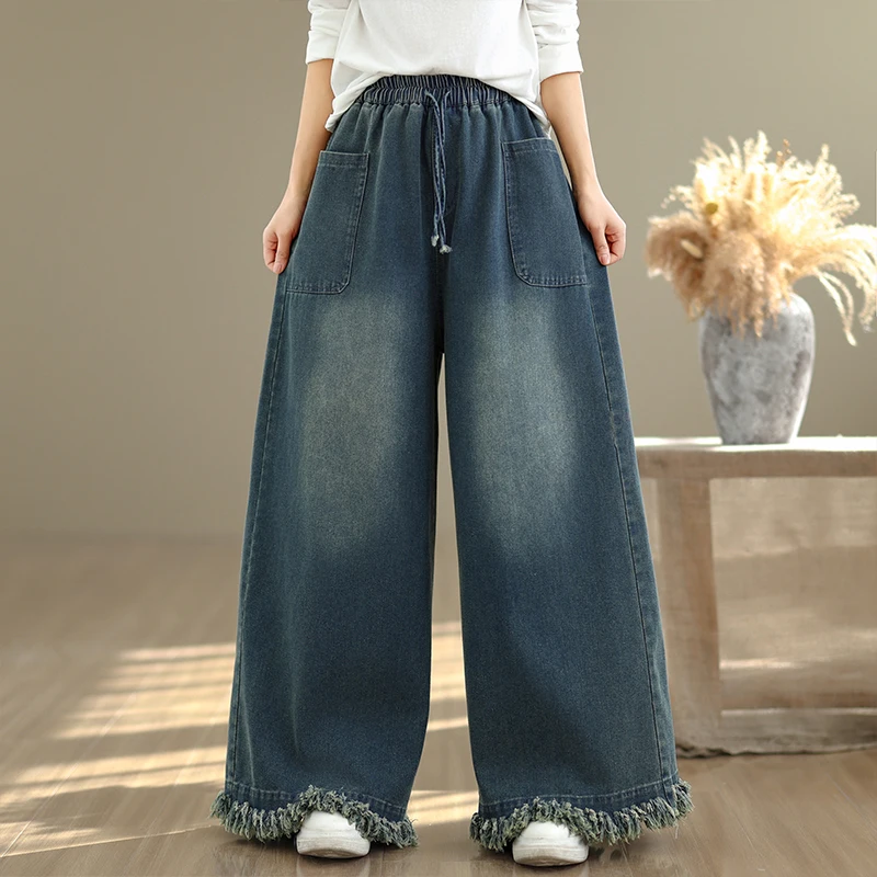 

Женские высококачественные джинсовые синие широкие брюки с эластичной резинкой на талии и кисточками с рюшами по подолу, прямые брюки в стиле Харадзюку, весенние офисные брюки
