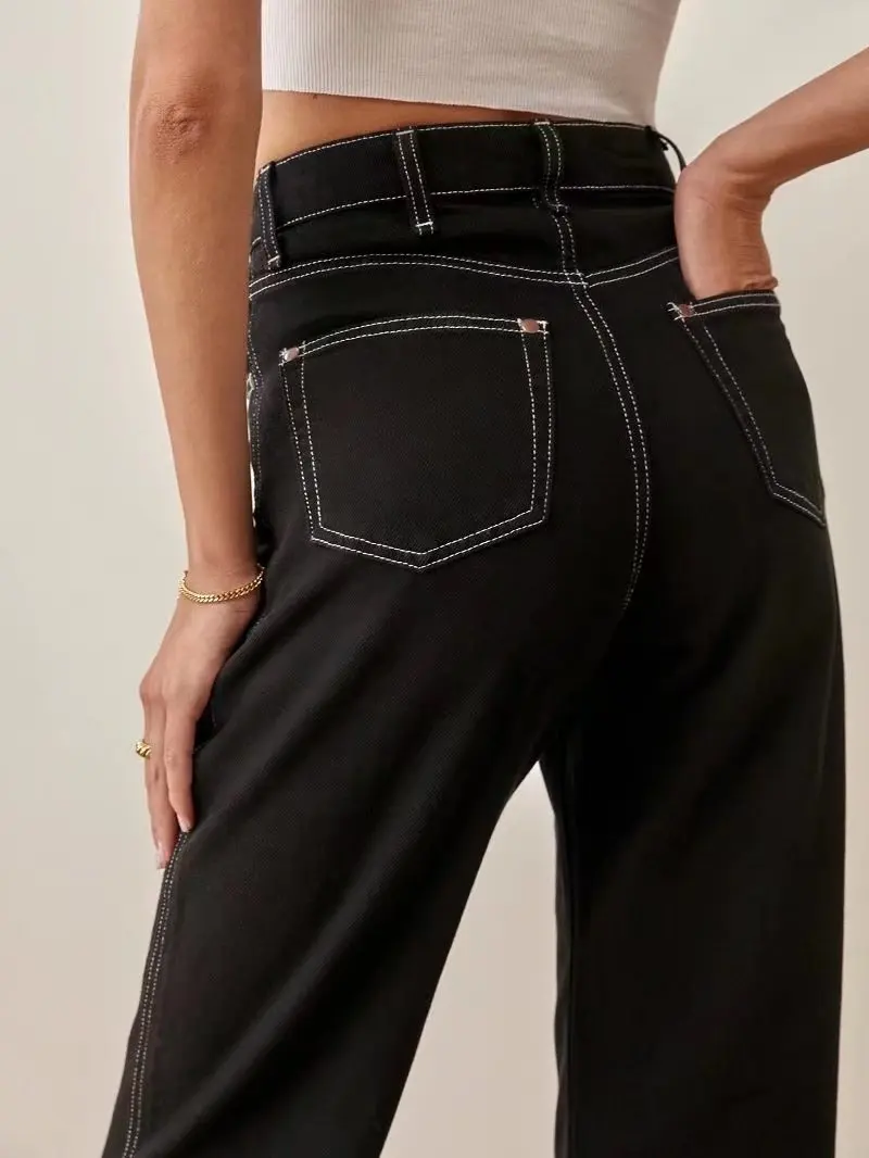 レトロ風 シンプル ハイウエスト ルーズ ストレートレッグジーンズ ウェイドアウト シンプルでおしゃれなロングパンツ レディース プレミアムデニム