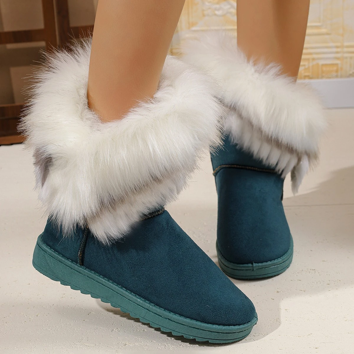 Damen-Winterstiefel bis zum Knie, mit Fell gefüttert, Baumwollschuhe, Freizeit-Flachschuhe, runde Zehen, Gummisohle, einfarbig – Detail 3