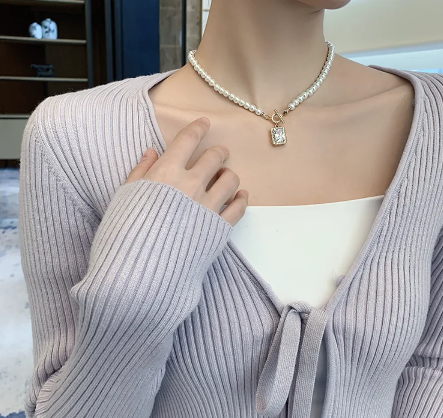 Simple artificial pearl Zircon Pendant design vintage wedding party Necklace for women Fashion Jewelry