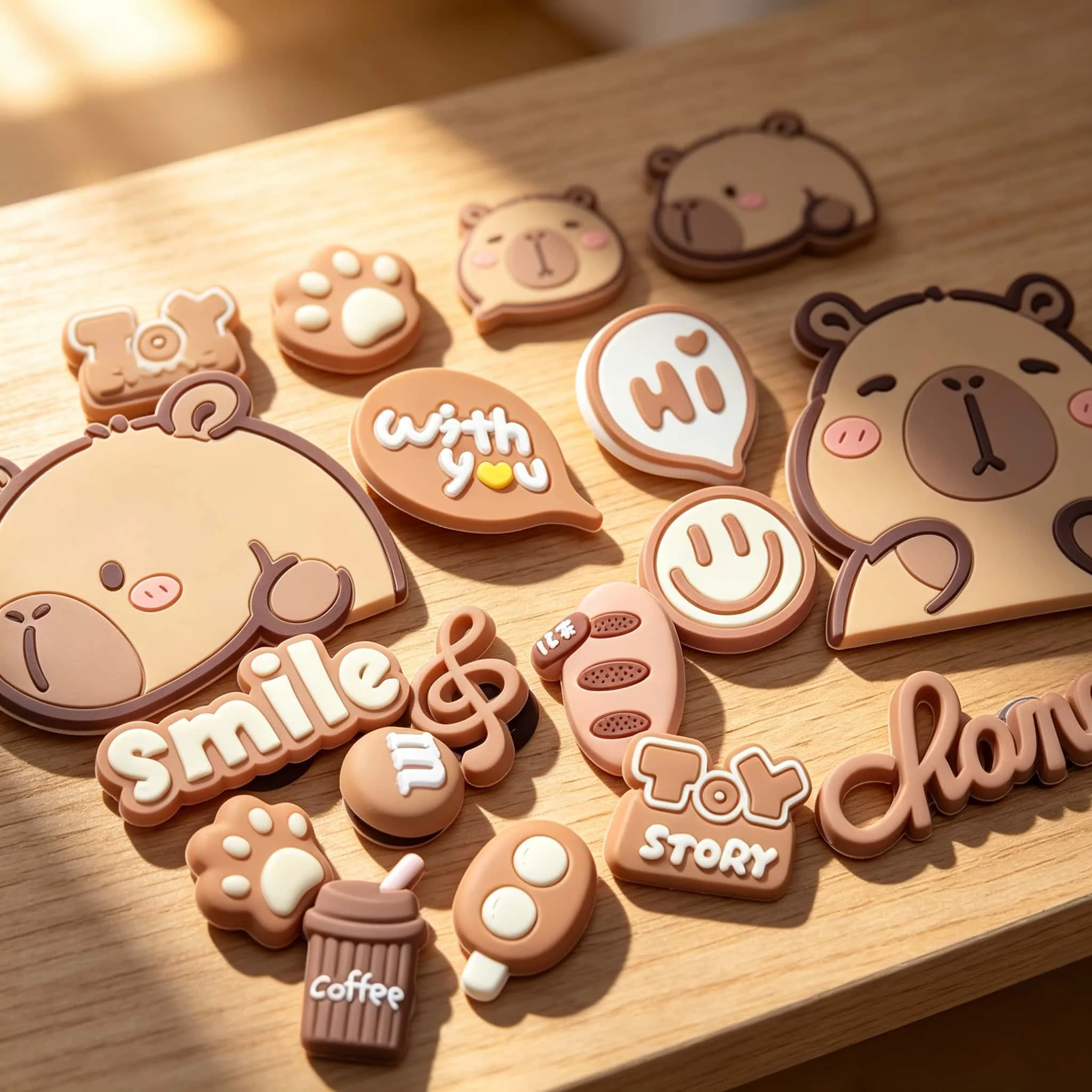 18/100 Stück Mesuca Cartoon Schokoladenbohnen Capybara PVC Erwachsenen-Schuh-Charms Garten-Sandalen-Dekorationen DIY Armbänder Partygeschenk