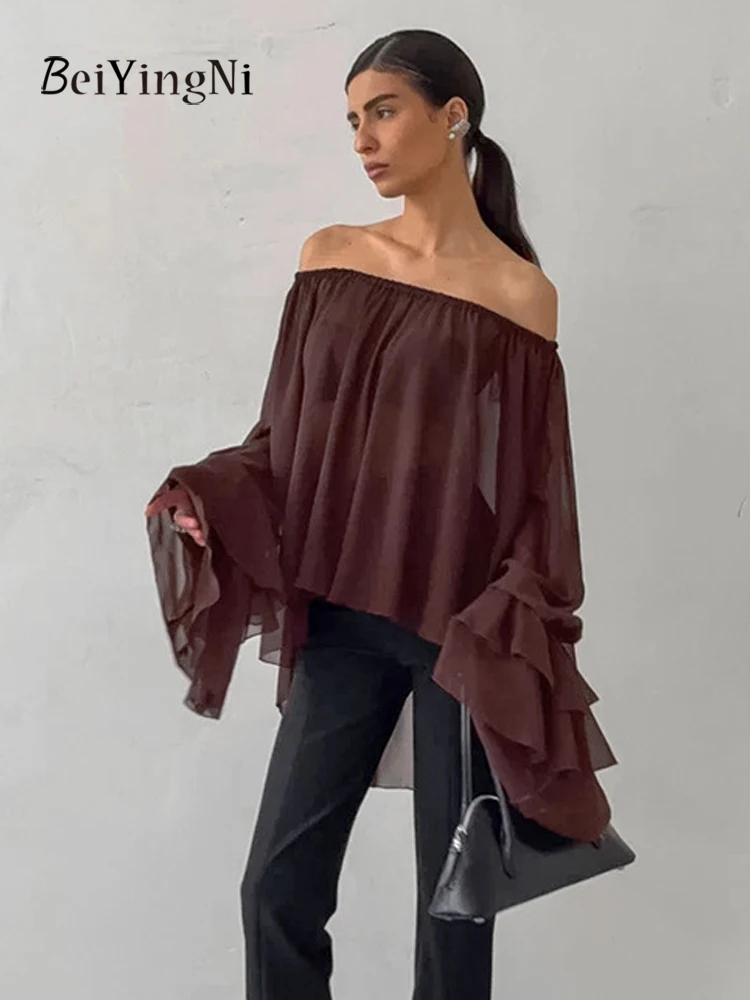 

Beiyingni 2025 Fashion Sexy Slash Neck Blusas Women Spring Autumn Vintage Temperament Shirts Woman Brown Ruffles Elegant Tops