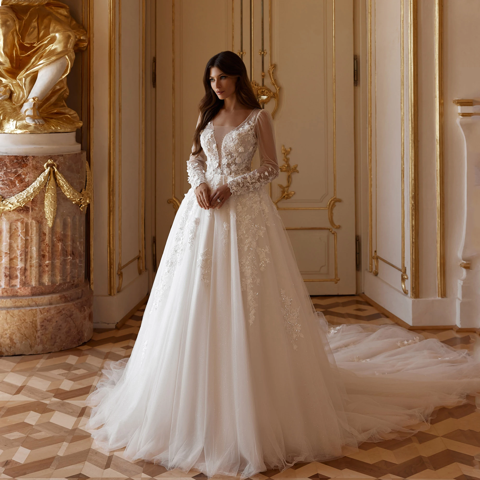 

Customized Flowers V-Neck Princess Wedding Gowns For Women Lace Applique Backless A-Line Tulle vestidos de novia Long Sleeves