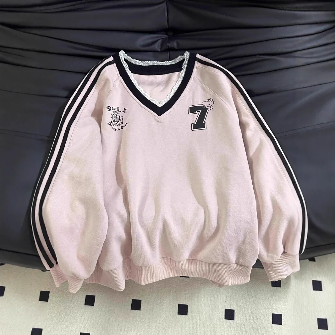 Sudadera de manga larga con cuello en V y estampado de letras americanas para mujer, Top informal holgado con empalme de encaje único gris para principios de otoño