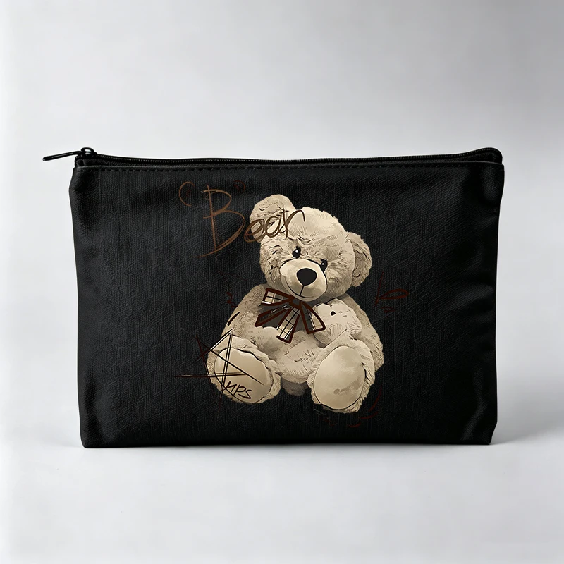 Women's Teddy Bear Graphic Makeup Bag with Bow, Vintage Style Cosmetic Pouch for Daily Use
