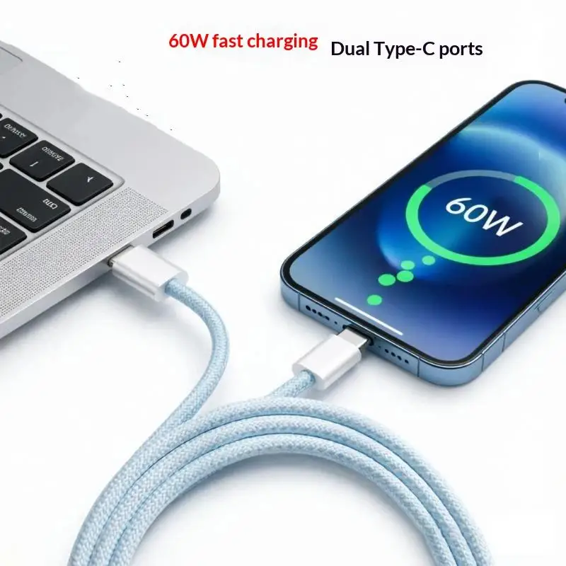 60W PD USB-C To USB C Fast Charger Cable Macaron-colored PD Charging Nylon Braided Cable For Phone Laptop Type C Quick Charging