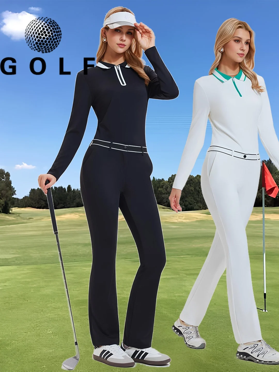 new-golf-sportswear-spring-summer-women's-long-sleeve-high-waist-slimming-drapey-pants-quick-dry-breathable-golf-outfit-set
