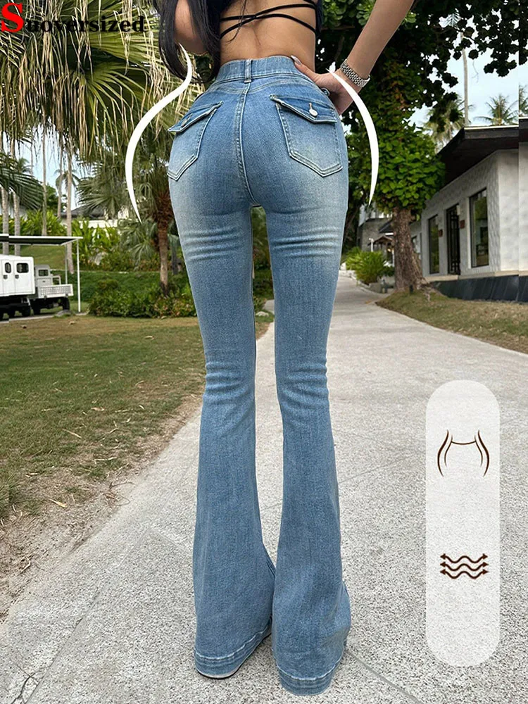 

Fashion Pocket Slim Jeans Women's Casual Retro High Waisted Elastic Vaqueros Skinny Vintage Streetwear Bootcut Denim Pants