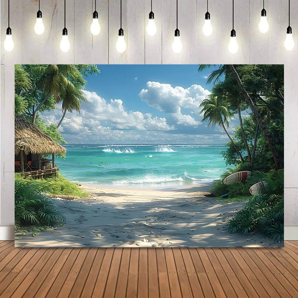 Telón de fondo con temática de playa, cartel de decoración de fiesta de cumpleaños, Océano, cielo azul, playa, palmeras tropicales, Luau