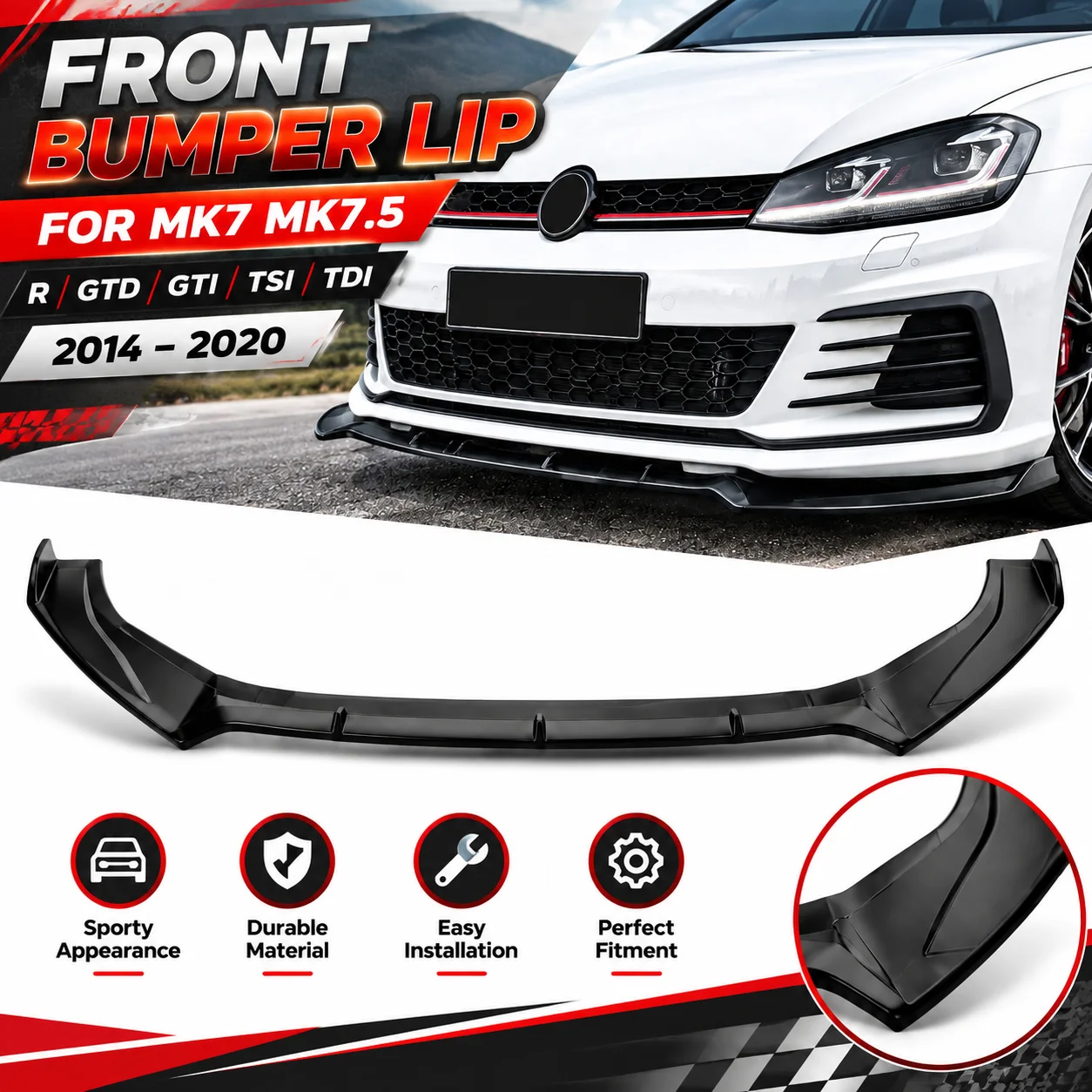 Image of Frontspoilerlippe Karosserie-Kit für VW Golf MK7 MK7.5 R GTD GTI TSI 2014-2020 Auto-Stoßstangen R Heckspoilerlippe Exterieur-Teile