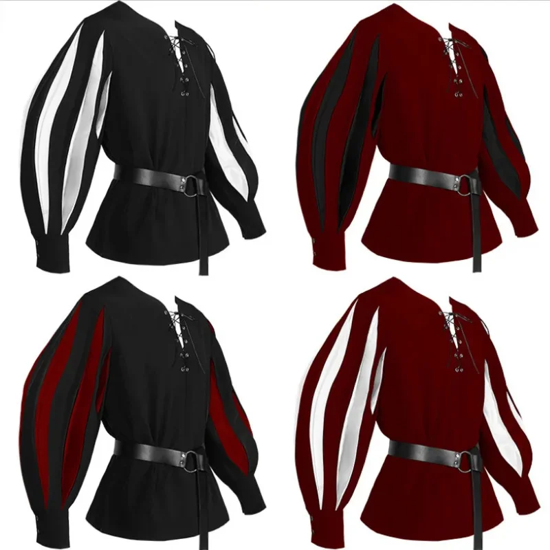 qq34Medieval Prince Shirt for Men Vintage Pirate Shirts Striped Sleeve Cosplay Costume Tops