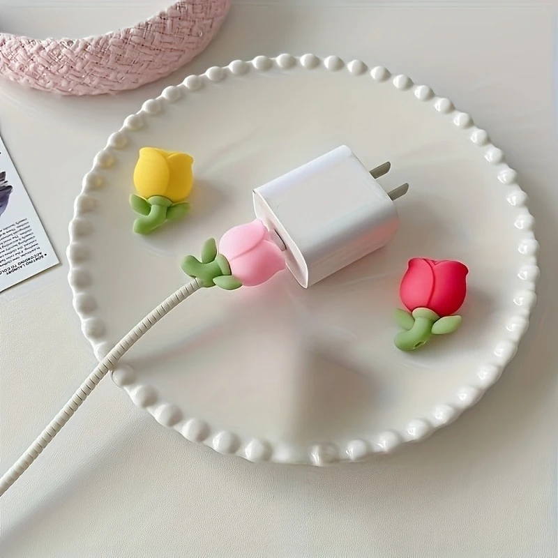 2Pcs Decorative Tulip Flower Cable Protector, Lovely Charger Cable Cover, Compatible with Smartphone Charging Cables