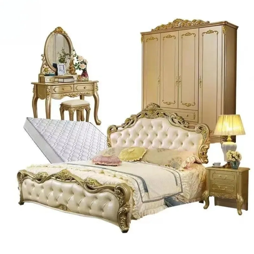 Solid Wood Bed European Carved French Royal Leather Master Bedroom Furniture Champagne Luxury Home Bedroom Set Decor
