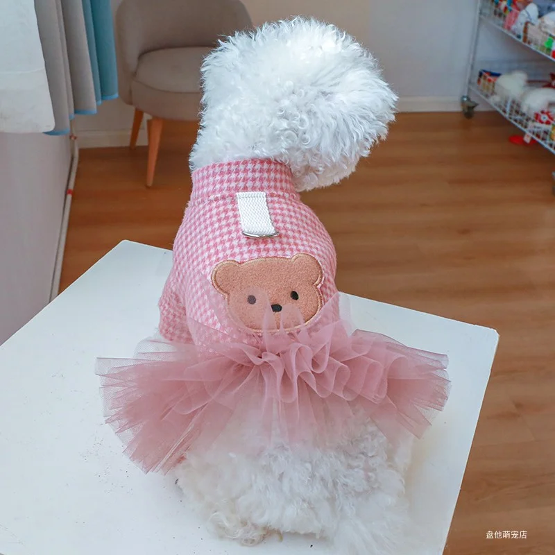 1PC Pet Clothes Cat Autumn and Winter Thick Pink Plaid Princess Dress with Tow Buckle Suitable for Small and Medium sized Dogs