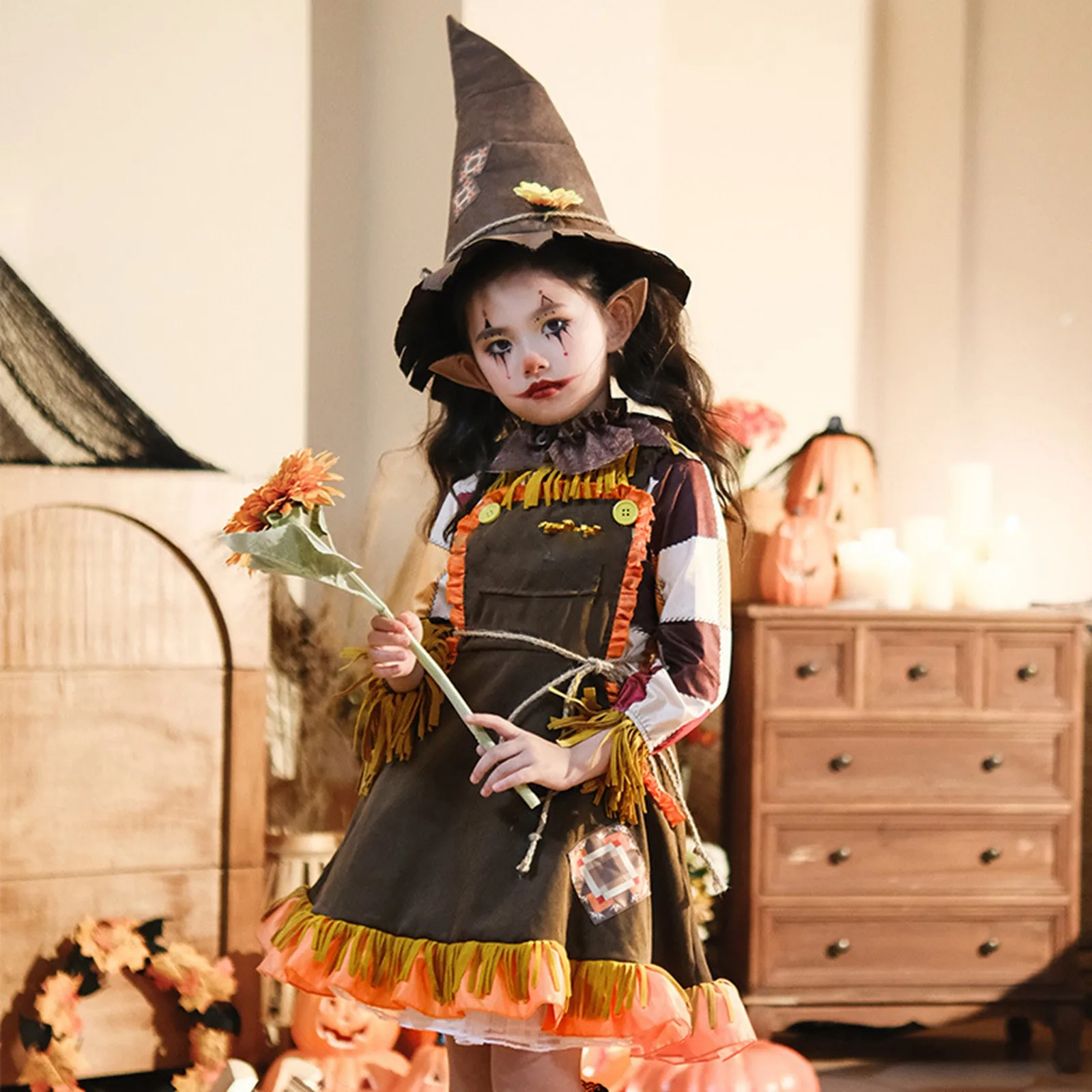 5Pcs Halloween Costumes Kids Girls Sets Scarecrow Cosplay Magic Pastoral Dressing Set pumpkin Costume Anime Girl Dress Outfits