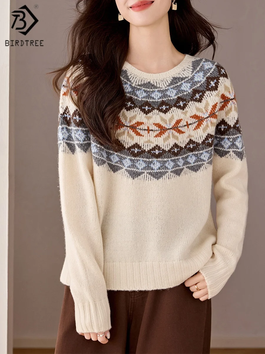 

Birdtree,100% Sheep Wool Knitted Sweater,Woman Soft Jacquard Warmth Tops,O-neck Full Sleeve,2025 Fall/Winter Pullover T5N306JF
