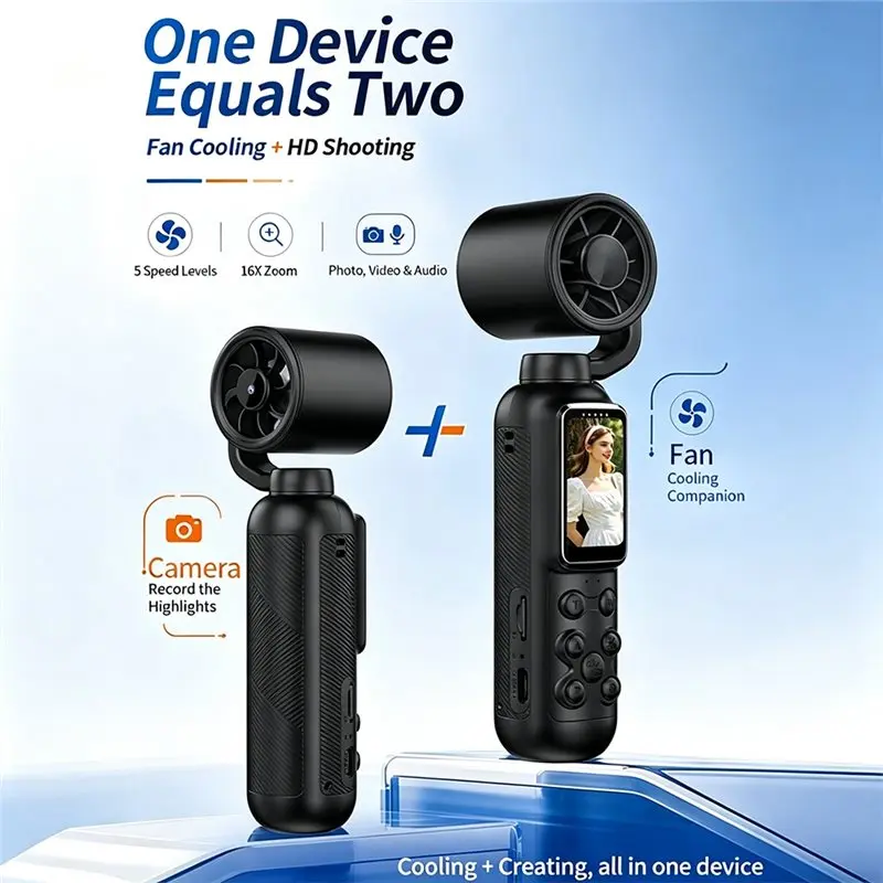 ASWUT-Fan Gimbal Camera 2 In 1 Handheld Fan USB Video Camera Vlog Action Cam With Cooling Fan For Outdoor Hiking Travel White