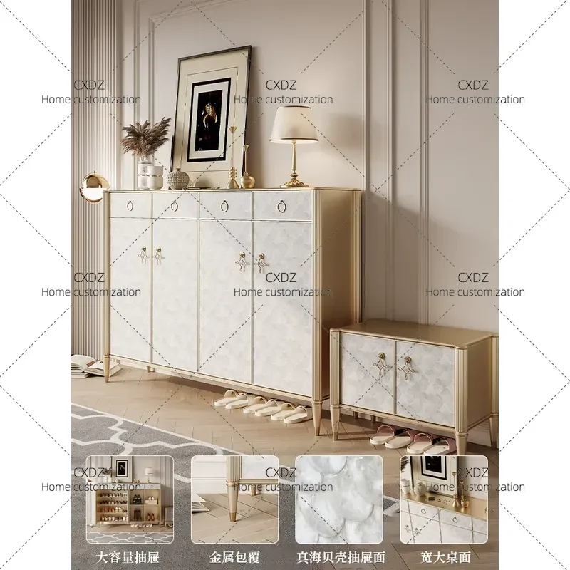 All Solid Wood Shoe Cabinet Entryway Storage Unit with Shell Surface Light Luxury Simple High Integrated Wall Mounted