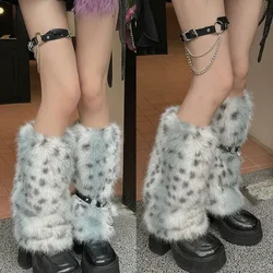 Winter Warm Leopard Leg Warmers Faux Fur Y2K Women Plush Punk Chain Pu Belt Harajuku Thickened Leggings Boots Cover Fluffy Socks