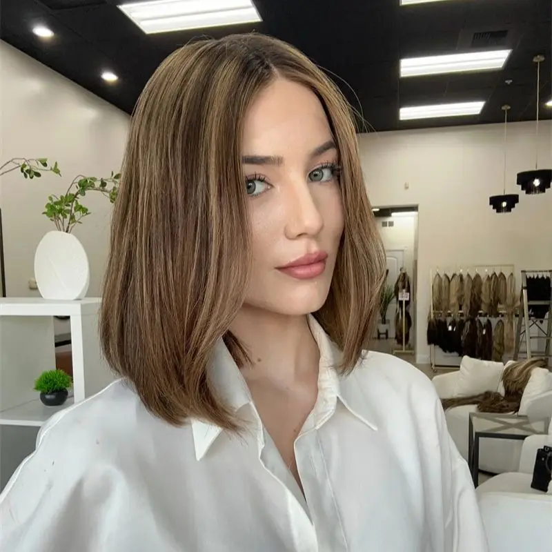 شعر مستعار قصير مستقيم بدون صمغ أومبير أشقر بني تسليط الضوء على شعر مستعار صناعي بدانتيل أمامي مقاوم للحرارة شعر مستعار عالي الكثافة يوميًا #2