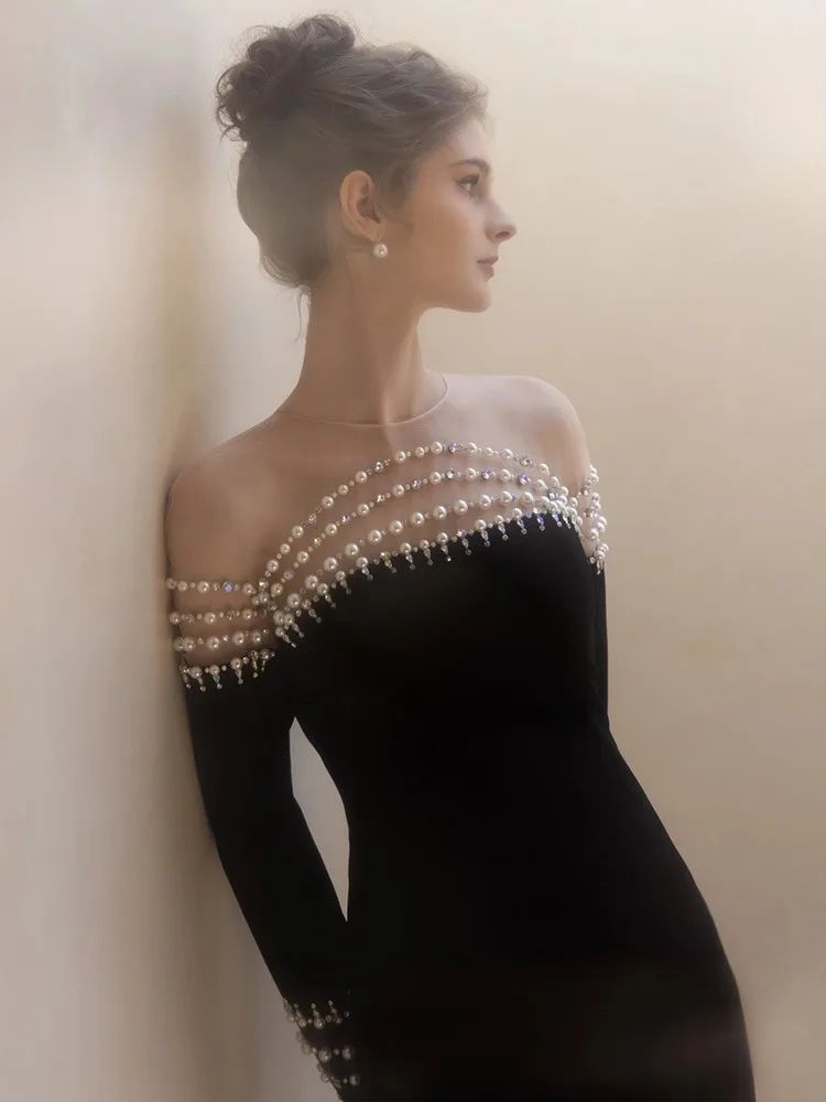 Hepburn Style Black Evening Dress 2024 New Long Sleeves Prom Dress Off The Shoulder With Pearls Fishtail Dress Vestidos De Noiva