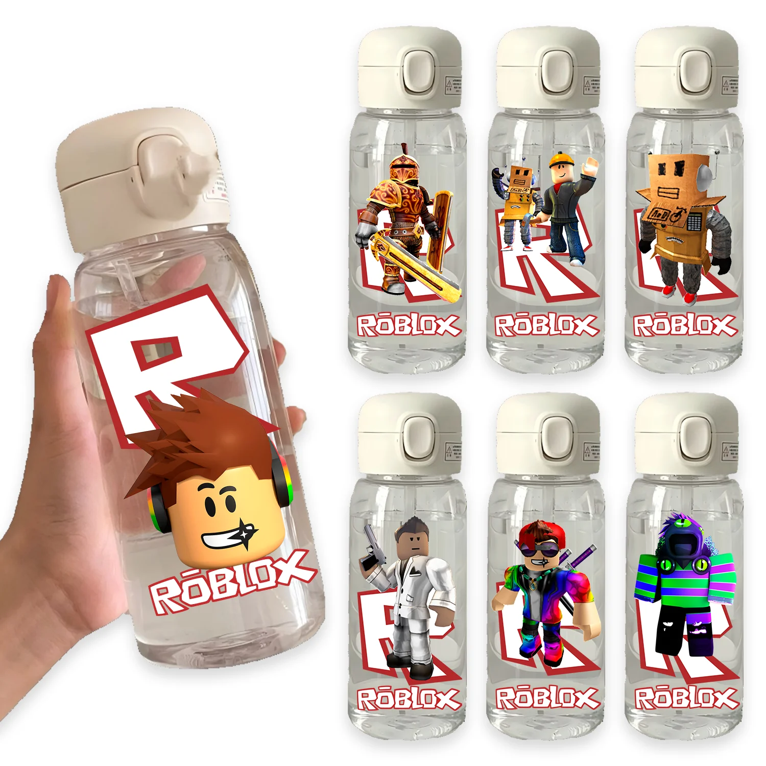 Bouteille d'eau portable transparente avec paille 600 ml, motif Roblox, grande capacité, pour étudiants, en plastique, pour le sport