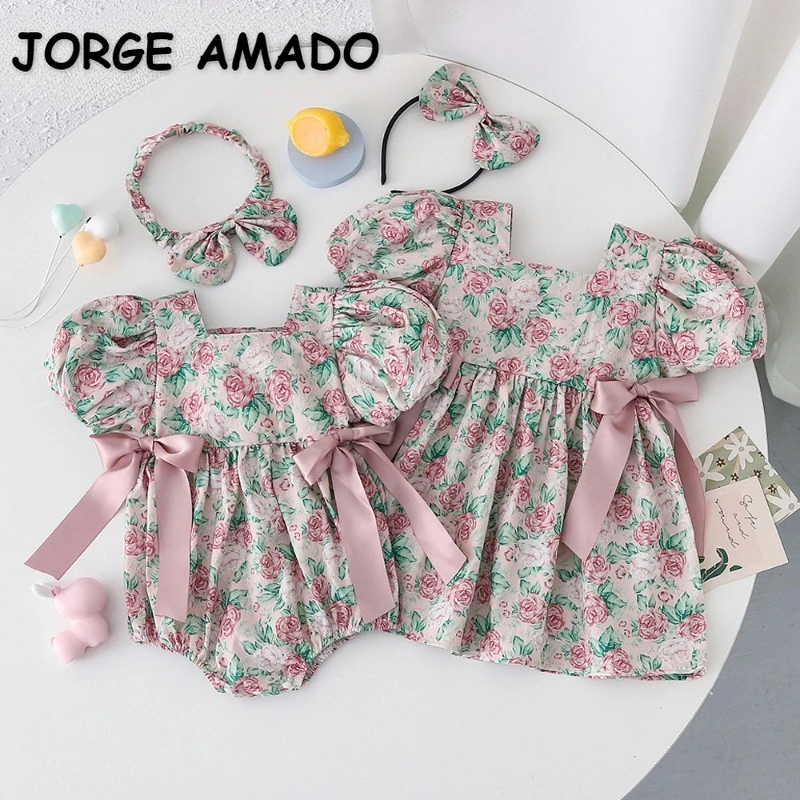 New Summer Family Matching Outfits Short Puff Sleeves Bodysuit+Floral Square Collar Princess Dress Twins Girl Clothes H4408