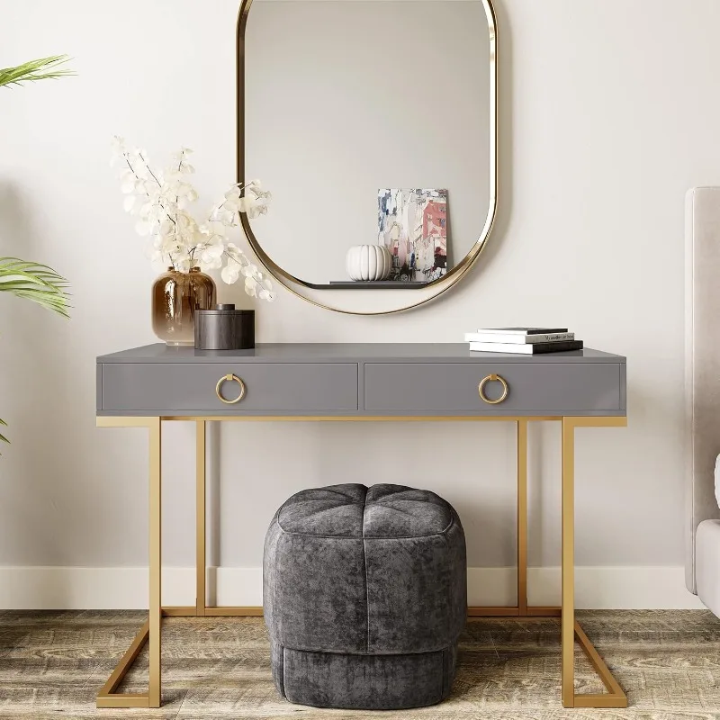 Modern 45-inch makeup vanity or home office computer laptop writing desk with two storage drawers, wood top and metal frame