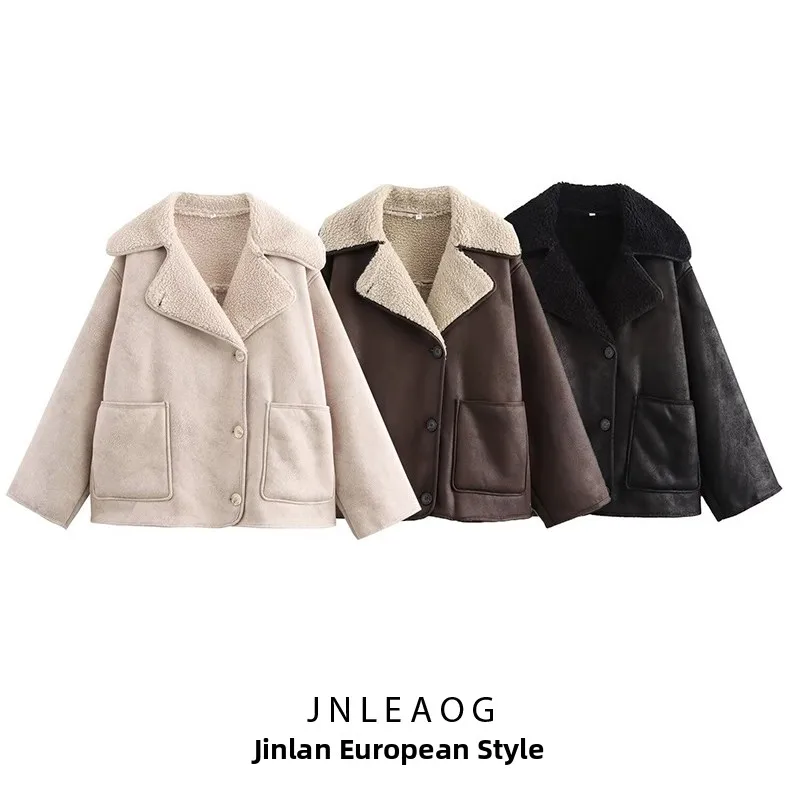 JNLEAOG New Women's Faion Design Casual Sle Inteated Leather And Fur Coat Versatile Loose Fit Long Sve Button up