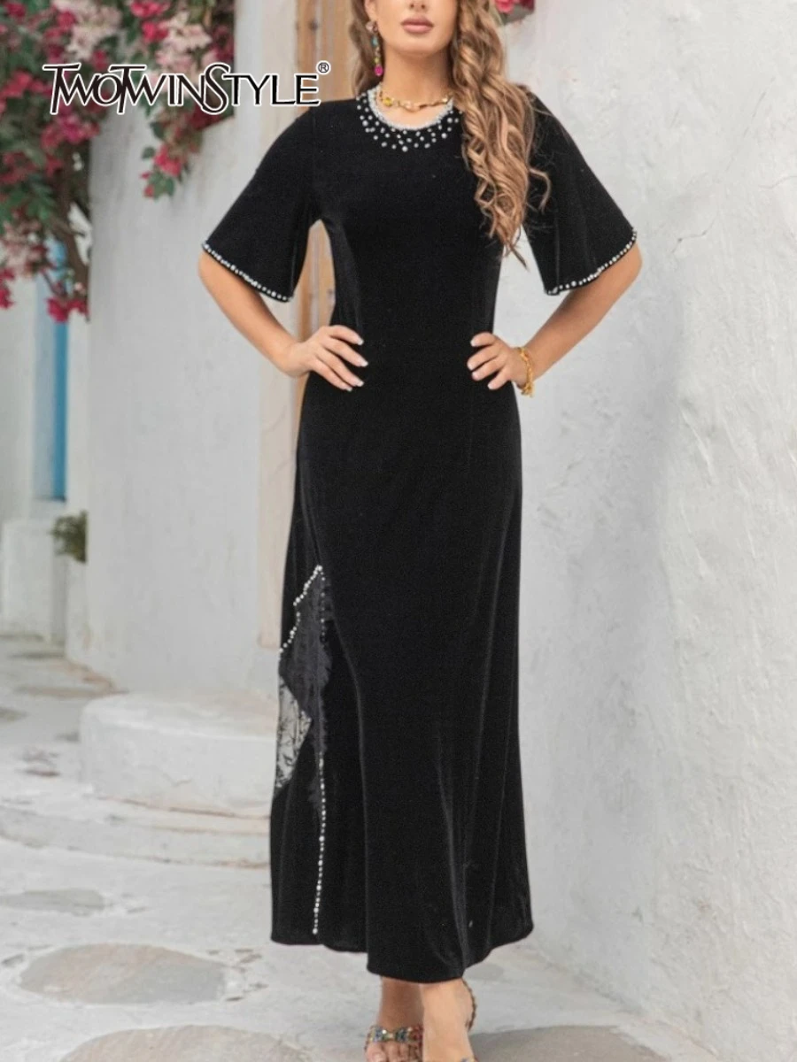 

TWOTWINSTYLE Slimming Split Spliced Bead Elegant Dresses for Women Round Neck Half Sleeves Patchwork Lace Dress Female Clothing