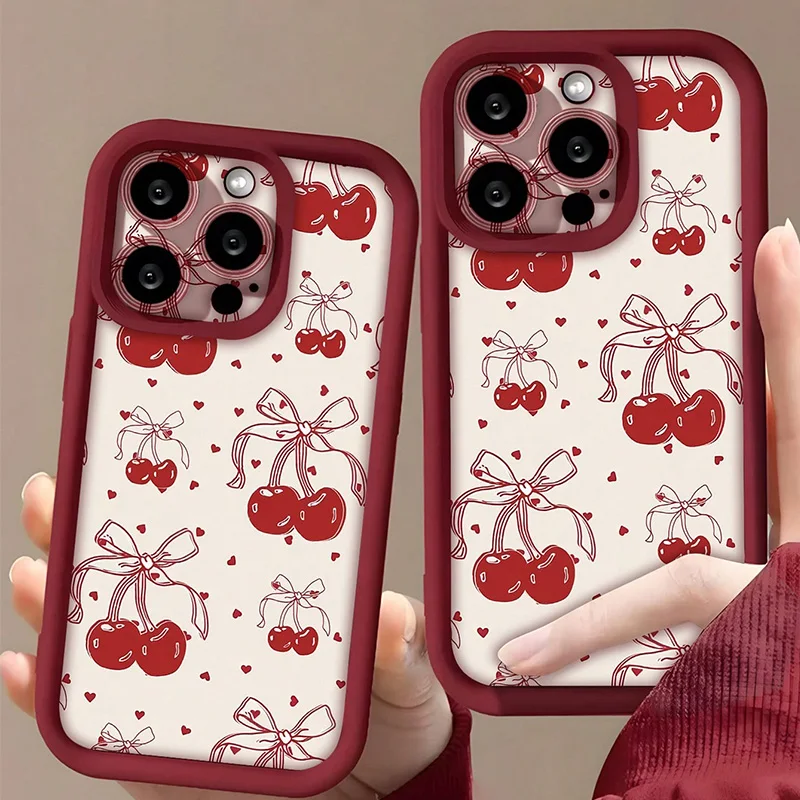 Valentines New Trendy Retro Heart Cherry Pattern Soft TPU Phone Case For iPhone 16 Pro Max 15 14 Plus 13 12 11 XS X XR 7 8 Cover