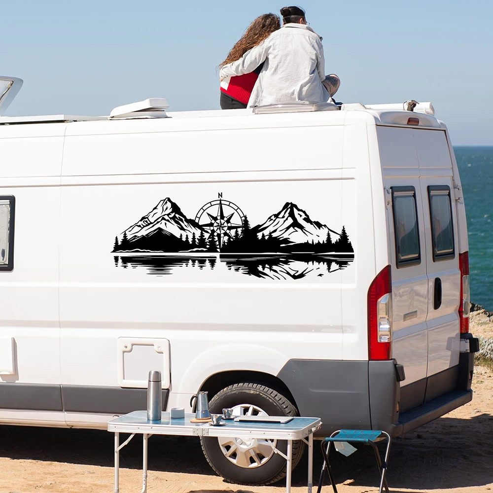 

Large Mountain Range Lake Compass Camper Rv Car Sticker Decal Travel Adventure Motorhome Caravan Van Camping Hiking Decor
