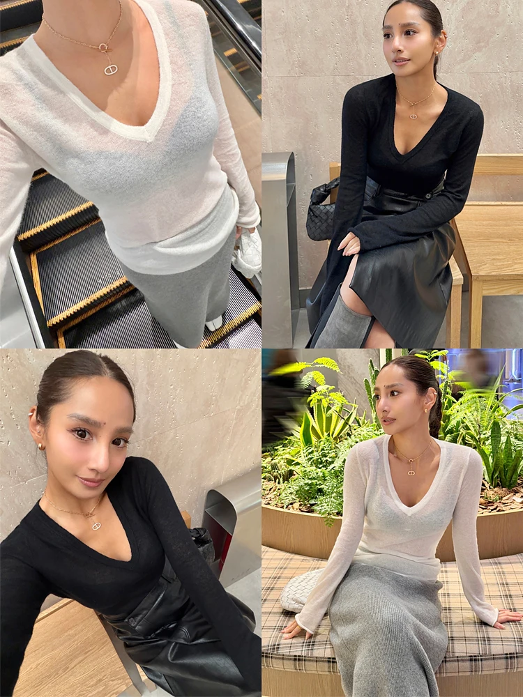 

Sexy Low V-Ne Knitwear Upade Version! Long Sve Slimming Woolen Base Layer Sweater See-Tough Design by Maru Maruco