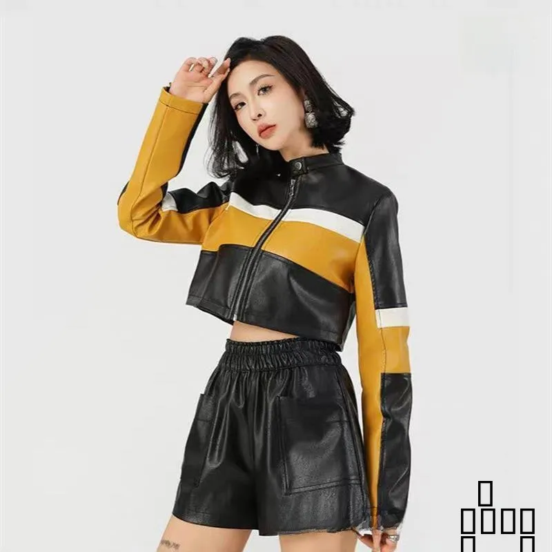 Sexy ort PU cuir Jaet femmes coupe ajustée col montant contraste couleur épissage moto Sle Faionable Biker manteau