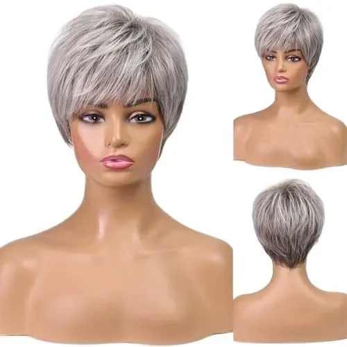 Fotografia 7: Nova Chegada: Peruca Feminina Curta Pixie Cinza Claro de Cabelo Humano, 4 Polegadas, 150% de Densidade, Estilo Natural Feito à Máquina