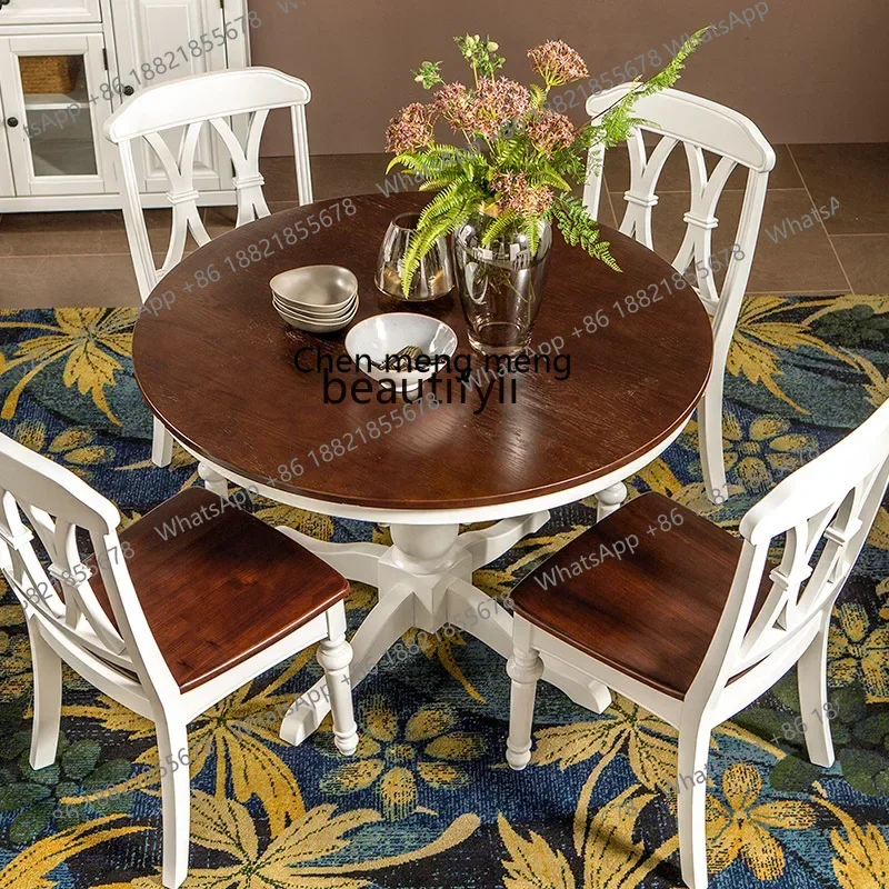 All solid wood round table Mediterranean dining table restaurant American furniture simple dining table and chair combination520