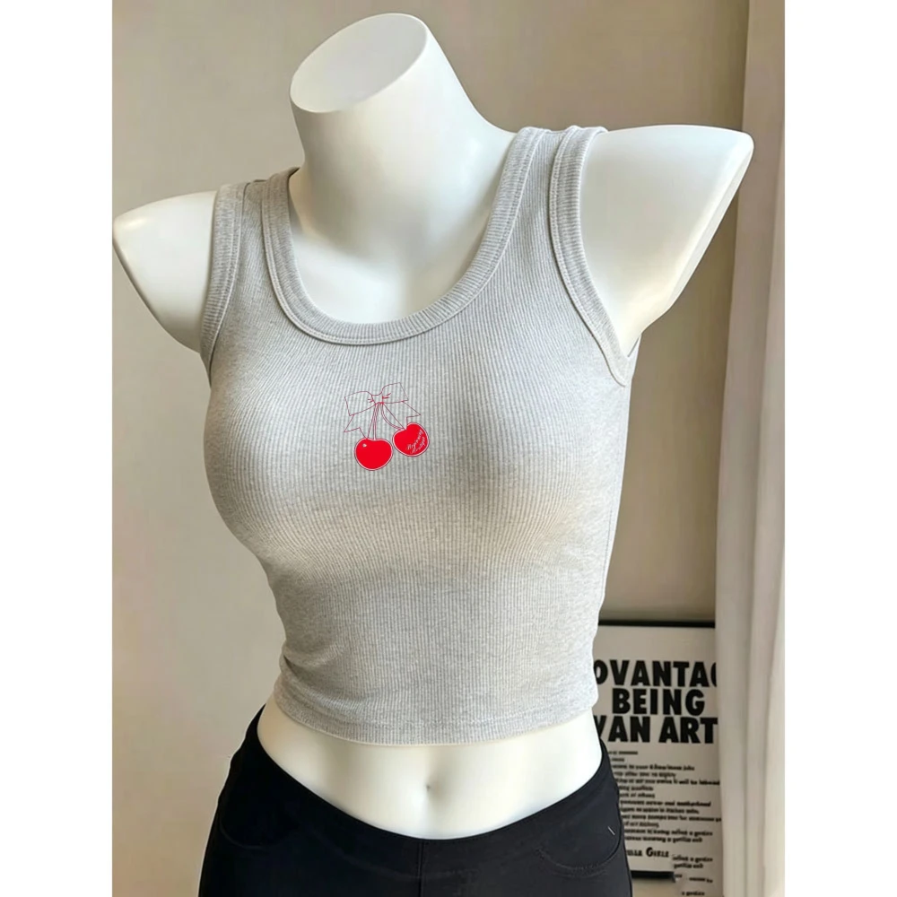 MHand Drawn Bow Cherry Sweet Print Camisole Ribbed Tank Top Crop Y2k Top Women Slim U Neck Sleeveless Cropped Vest Cute Coquette