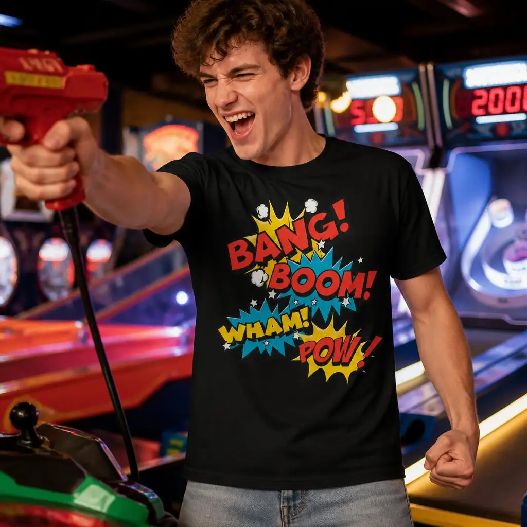 Bang Boom Wham Pow Comic Sound Effect Men Retro T Shirt 100% Cotton Clothing Fun Short Sleeve Tee Gift T-Shirts