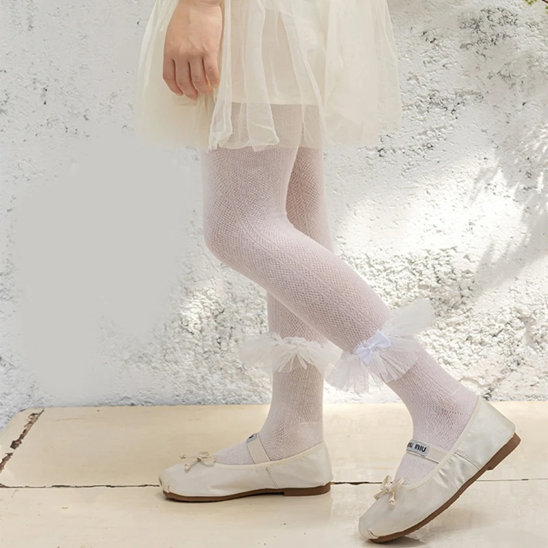 

New Summer Girls Pantyhose Soft Cotton Breathable Mesh Bow Tie Decor Tights Stockings Princess Babys Kids Anti-mosquito Leggings