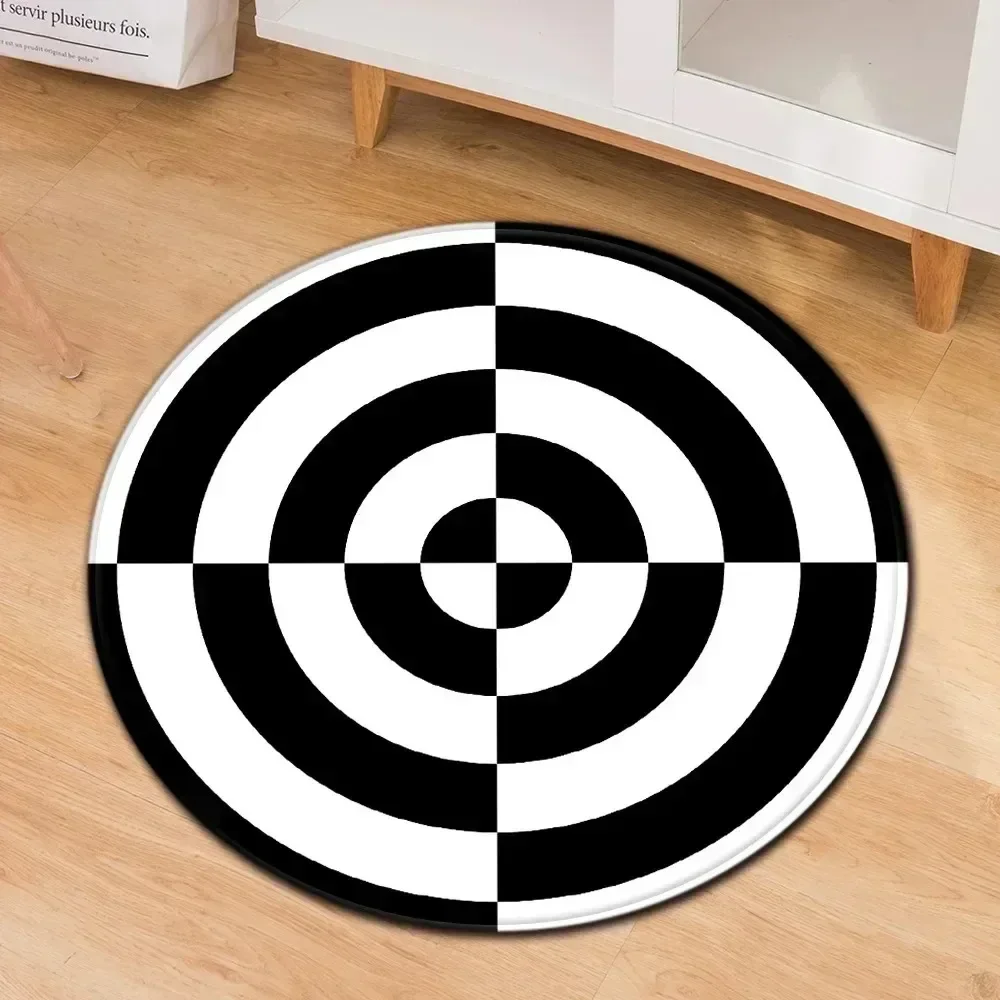 ~O~3D Psychedelic Geometric Round Rug – Black & White Stereo Vision Floor Mat for Living Room & Coffee Table Decor