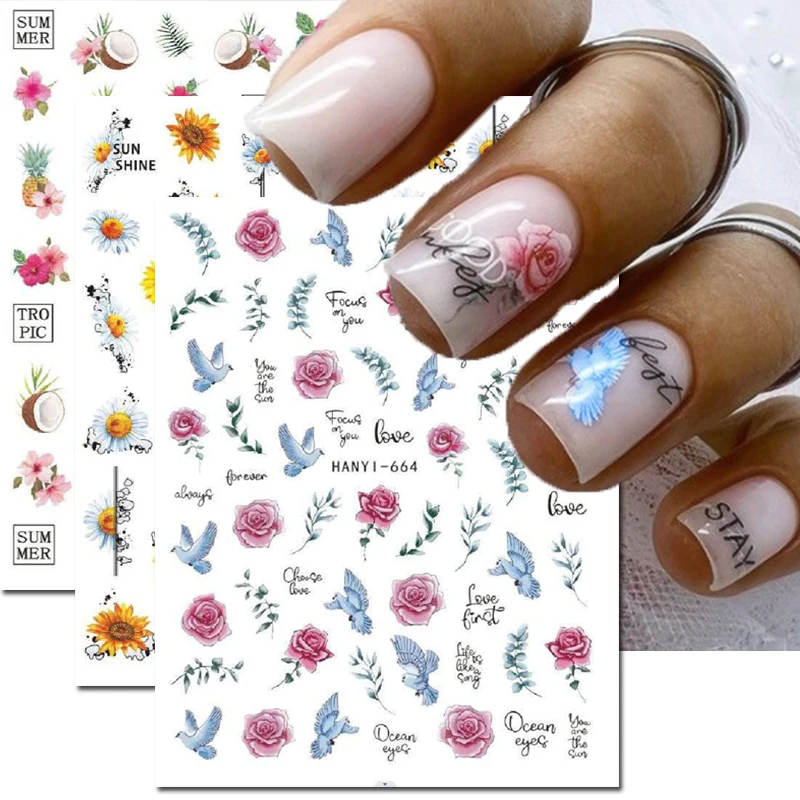 

3d Nail Art Stickers Summer Tropical Coconuts Roses Sunflowers Adhesive Sliders Nails Decals Decorations For Manicures