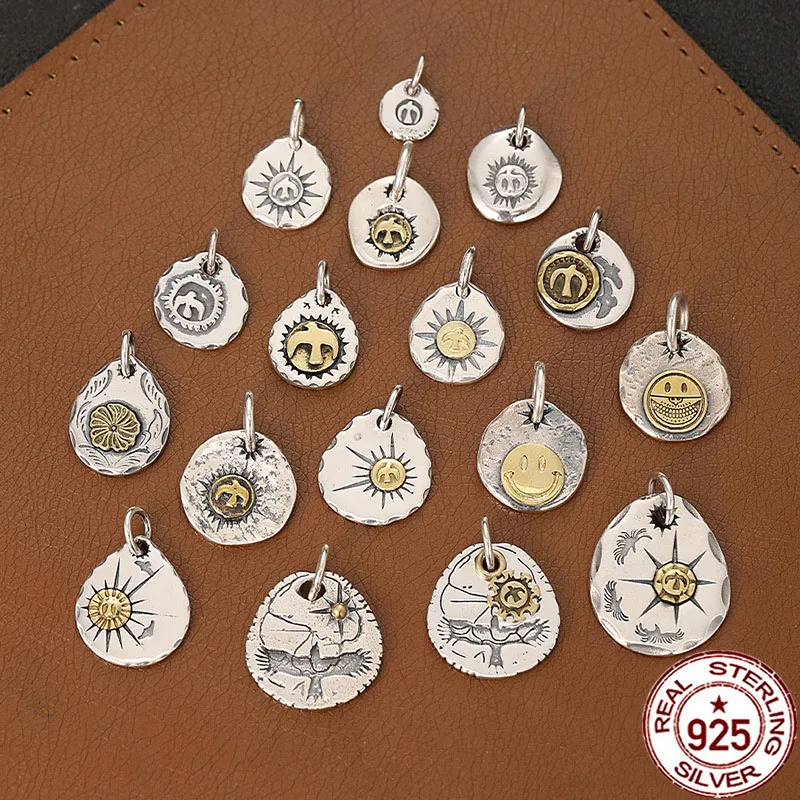 

S925 pure silver gold-plated DIY small silver cake pendant with retro and niche texture Flower Eagle Pendant Personalized