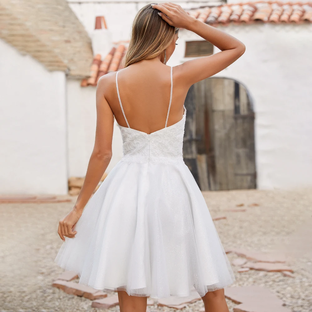 Real Wedding Dress A Line Spaghetti Straps V Neck Applique Glitter Tulle Short Bridal Gown Backless Dresses for Bride
