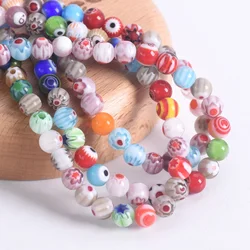 Perles rondes en verre à motif de fleurs mixtes, perles adt pour bijoux, résultats de bricolage exécutifs, 4mm, 6mm, 8mm, 10mm, 12mm, 14mm