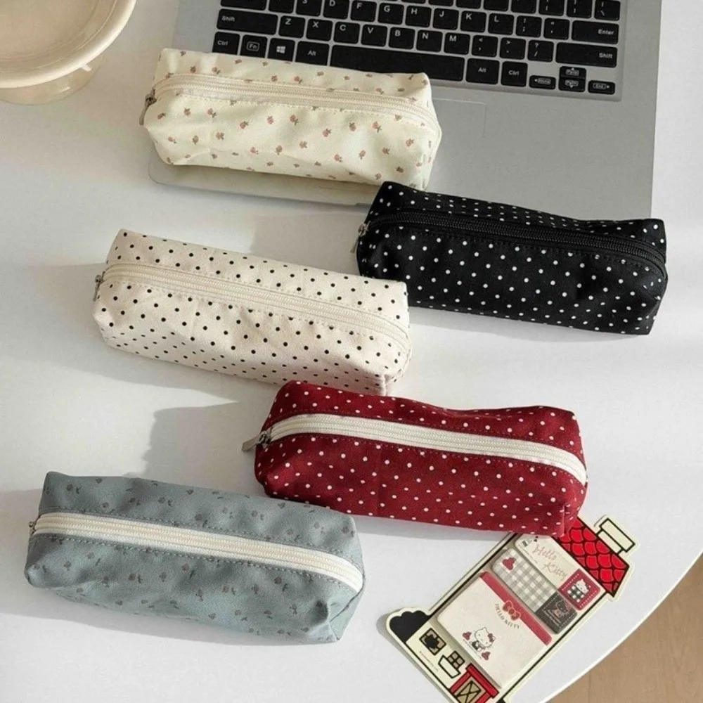 Nueva Bolsa de Papelería con Diseño de Puntos, Bolsa para Lápices de Lona de Gran Capacidad, Roja, Negra, Beige, con Cierre de Cremallera, para Uso Escolar