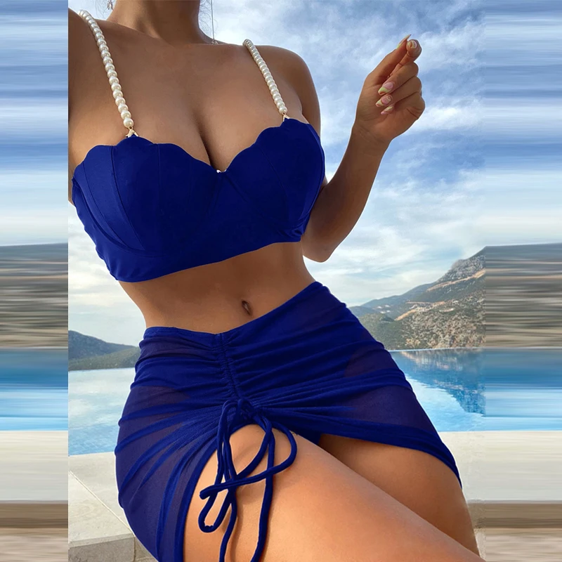 

2025 new swimsuit women's three piece set solid color summer sexy bikini vacation set with multiple colors to choose from