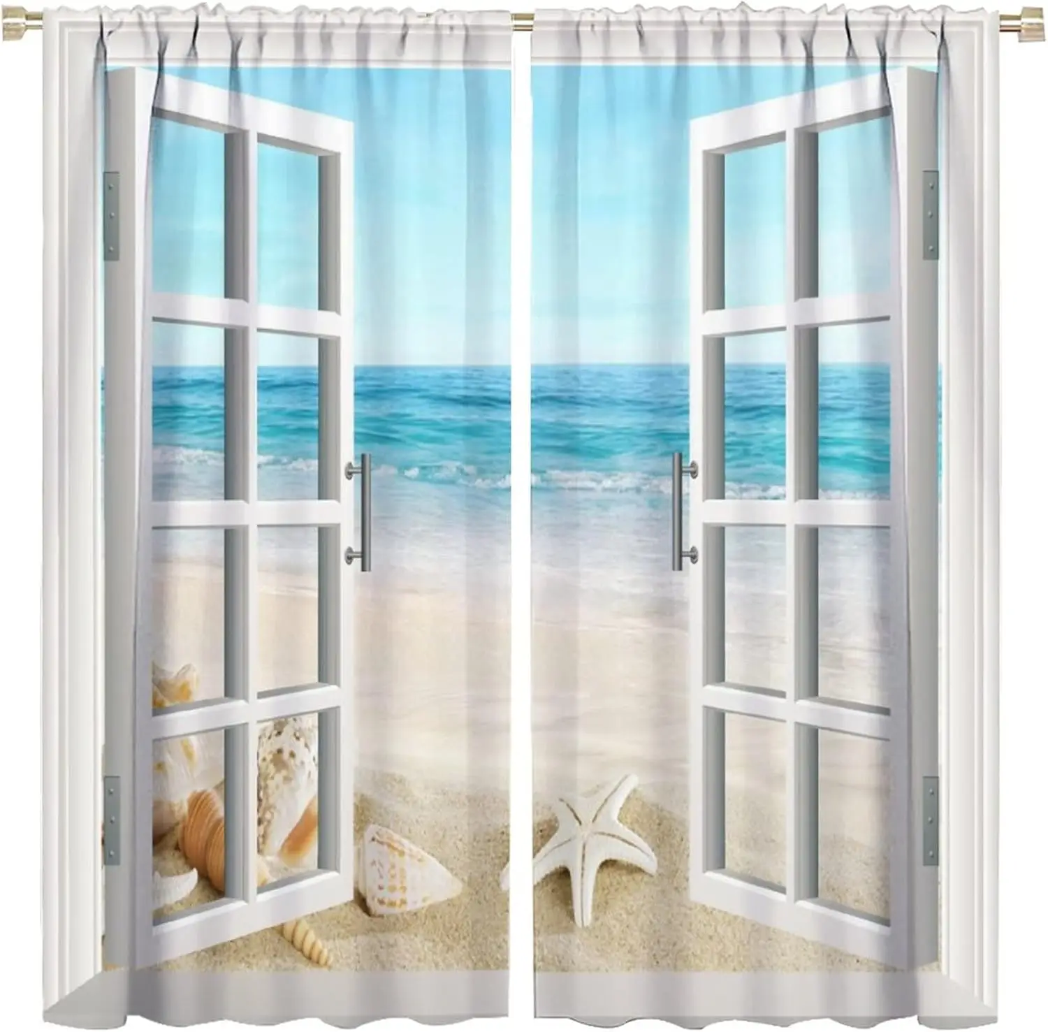 White French Door Beach View Curtain Turquoise Sea White Sand Starfish Conch Shell Clear Sky Print Coastal Living Room Household